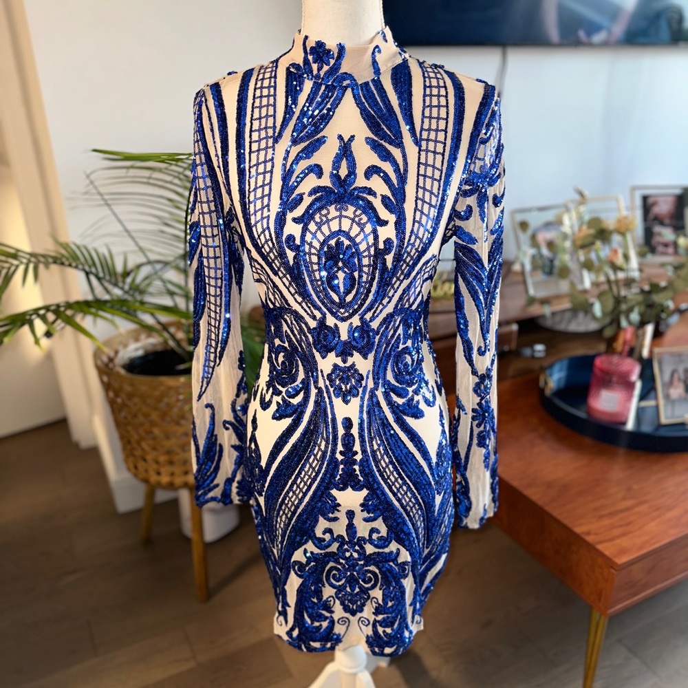 Sequin blue lace- like design dress
